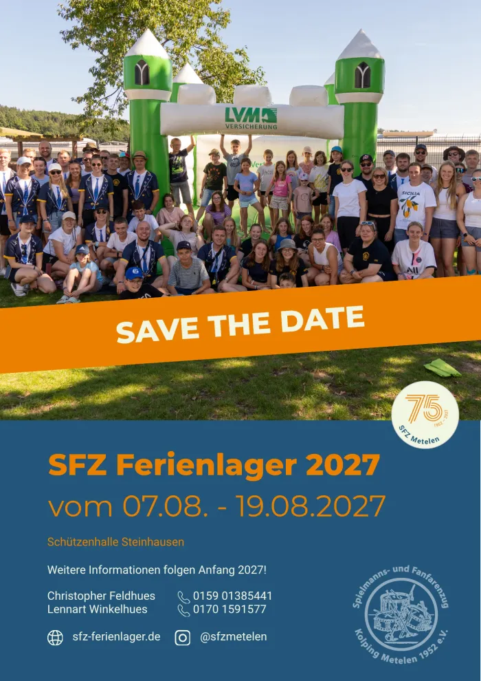 Plakat SFZ Ferienlager 2027: Save the Date, 07.08. – 19.08.2027 in der Schützenhalle Steinhausen